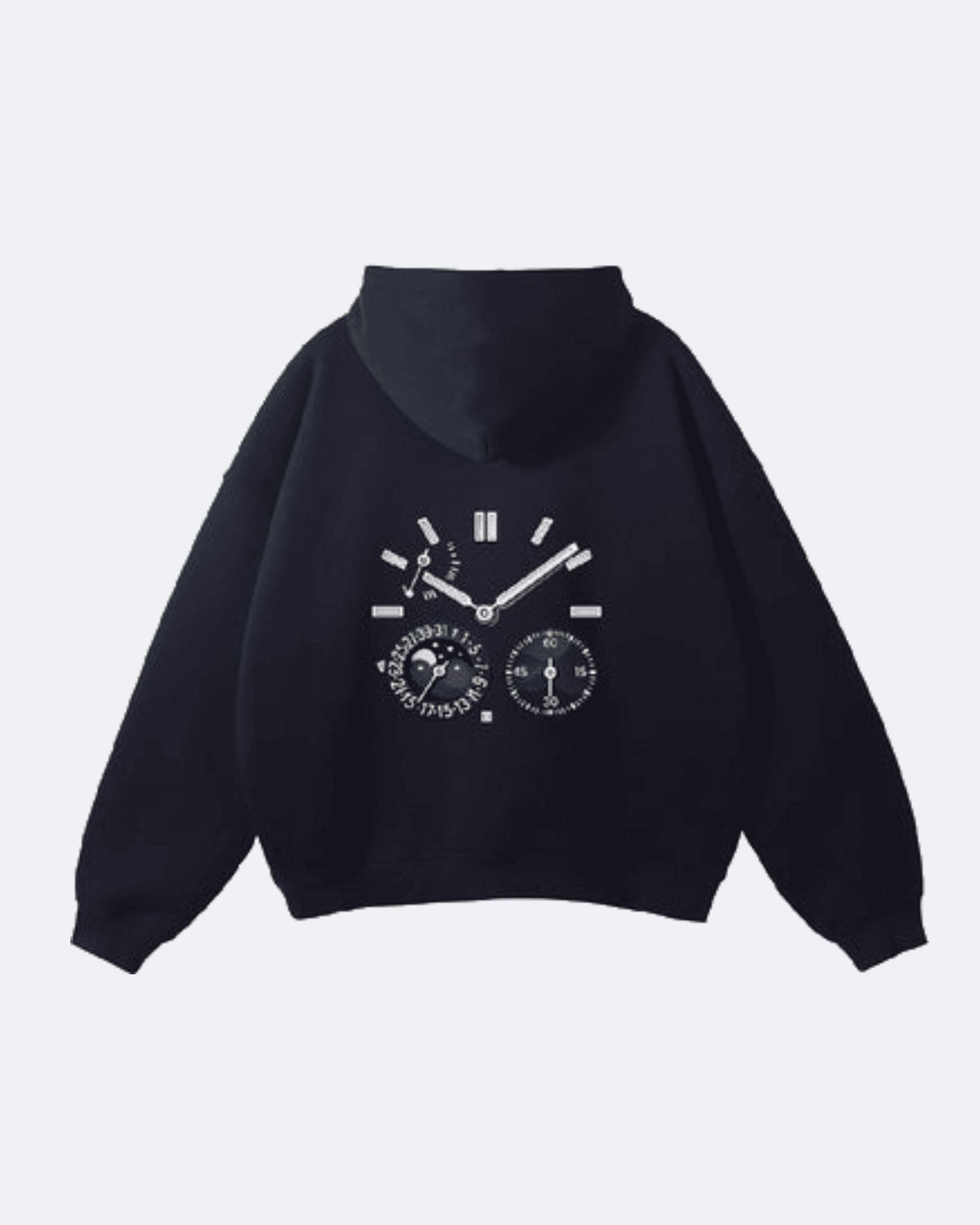 Black Moon Tide Hoodie with a clock design on the back against a light gray background