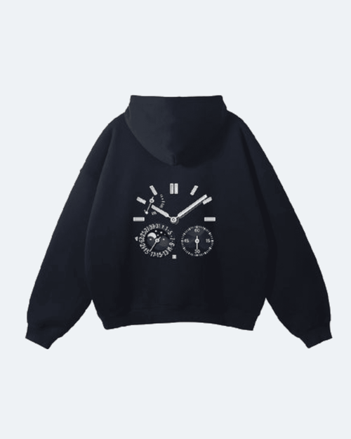 Black Moon Tide Hoodie with a clock design on the back against a light gray background