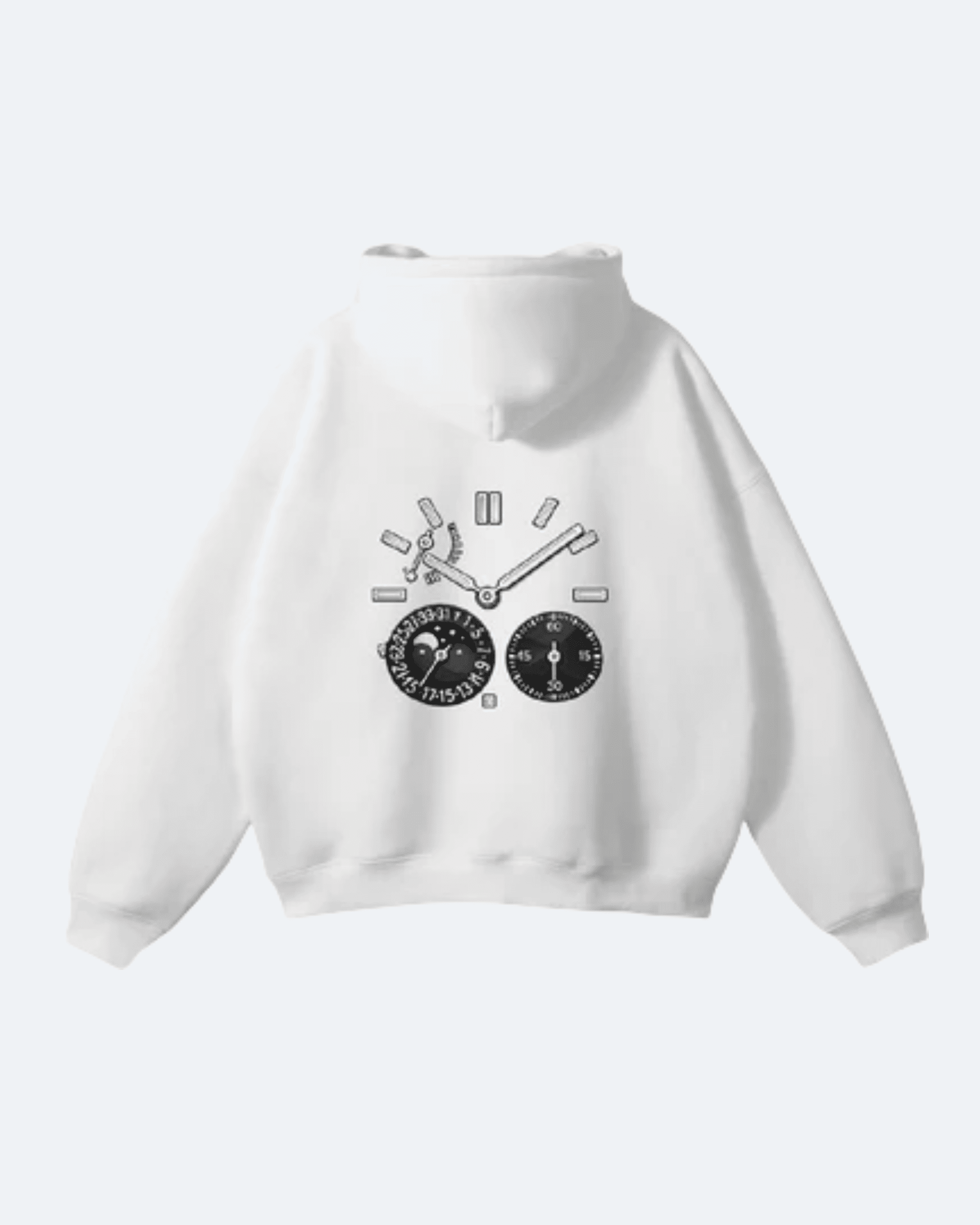 White Moon Tide Hoodie with a black clock design on a white background