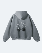 Gray Moon Tide Hoodie with clock design on a light gray background