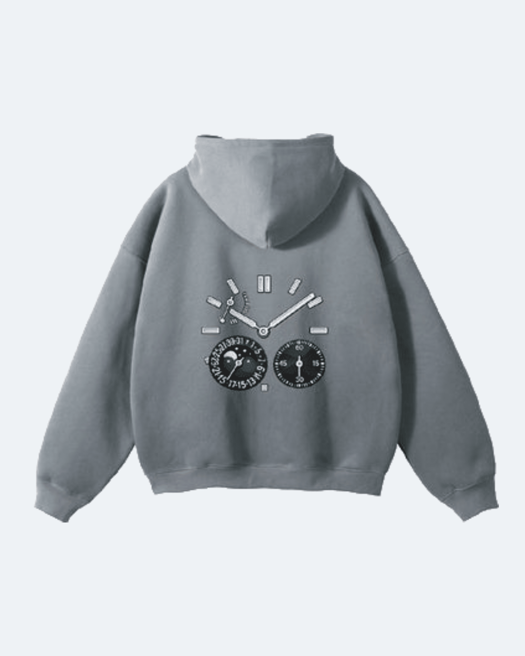 Gray Moon Tide Hoodie with clock design on a light gray background