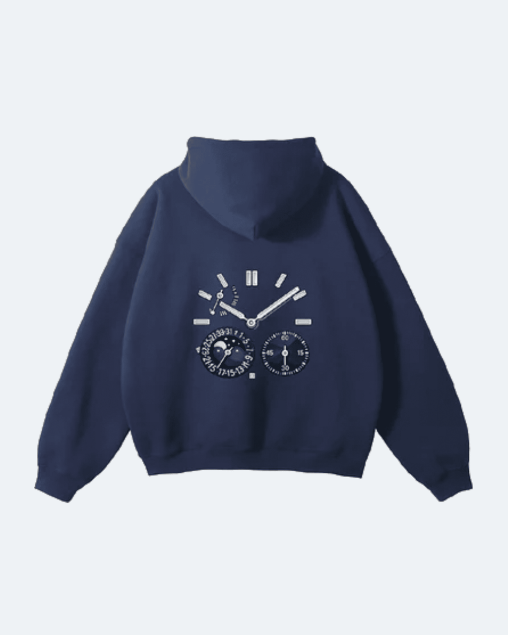 Navy blue Moon Tide Hoodie with a unique design on the back against a light gray background