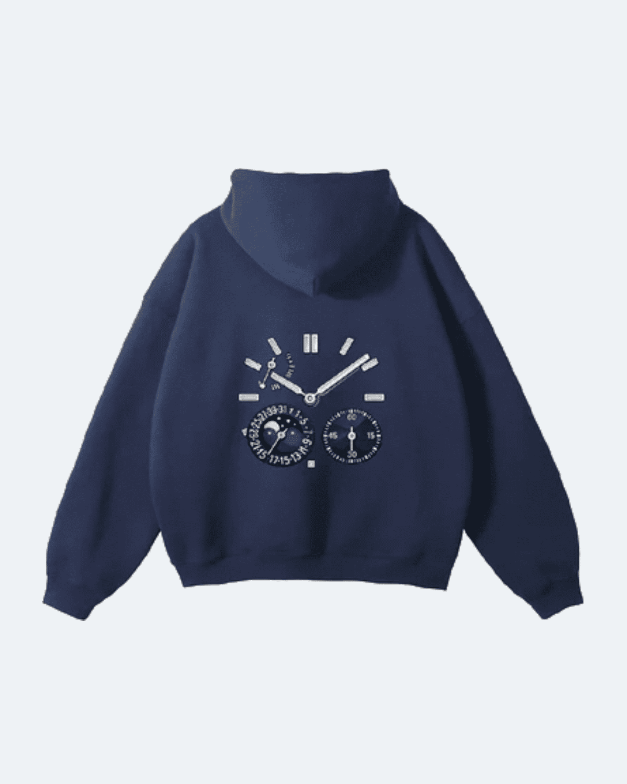 Navy blue Moon Tide Hoodie with a unique design on the back against a light gray background