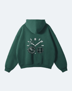 Green Moon Tide Hoodie with a clock design on the back against a light gray background