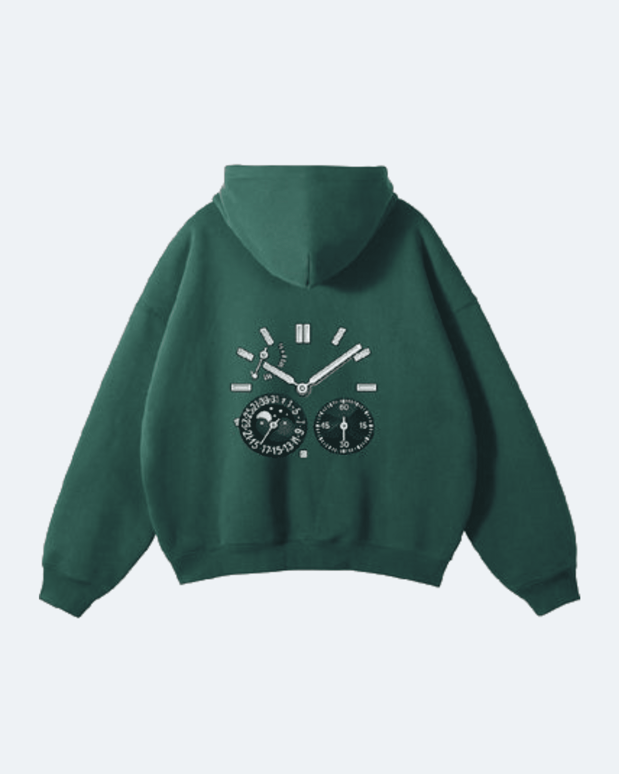 Green Moon Tide Hoodie with a clock design on the back against a light gray background
