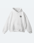 White Moon Tide Hoodie with a logo on the chest against a white background