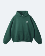 Green Moon Tide Hoodie with a logo on a light gray background