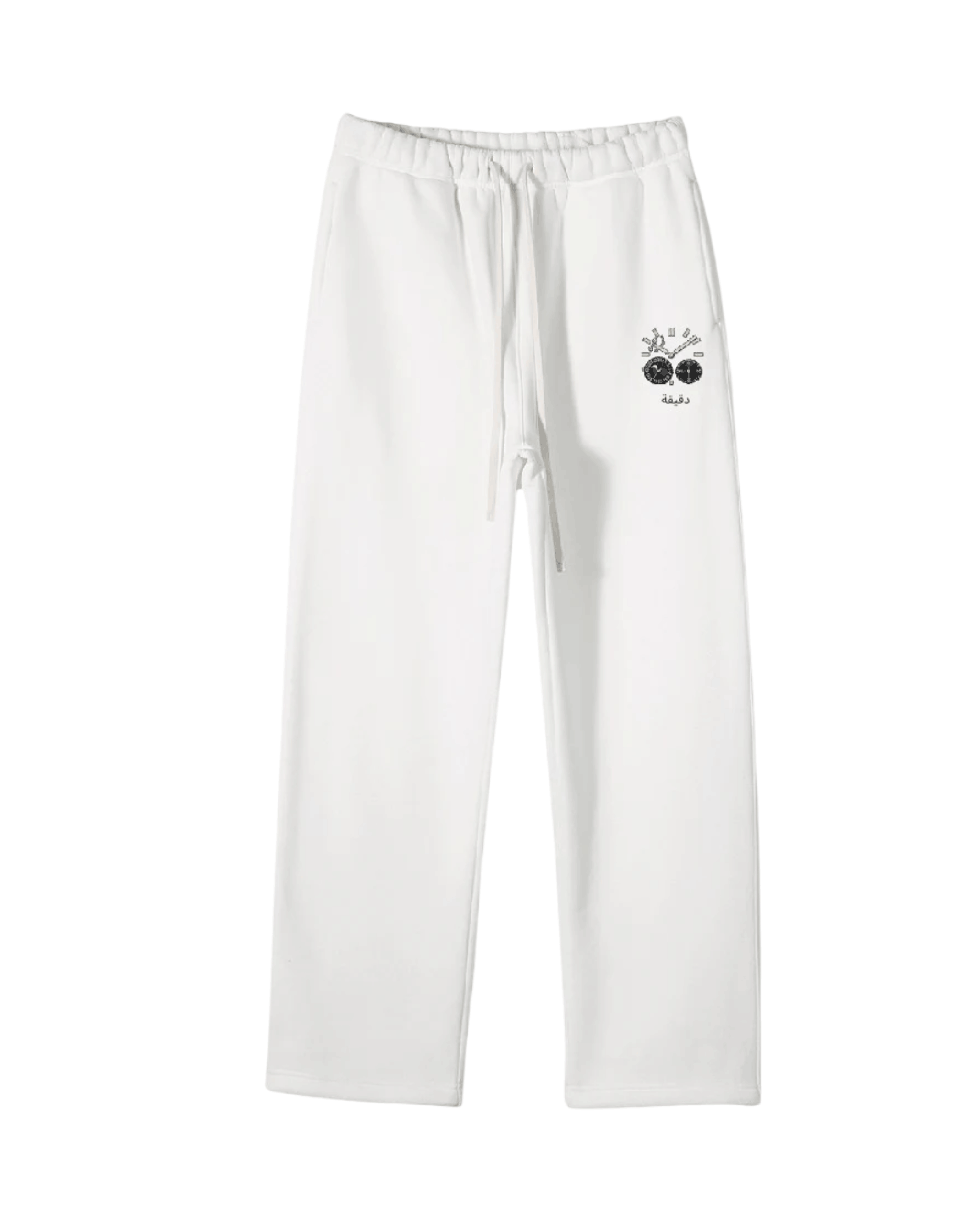 White Moon Tide Sweatpants with a small logo on the left leg against a white background