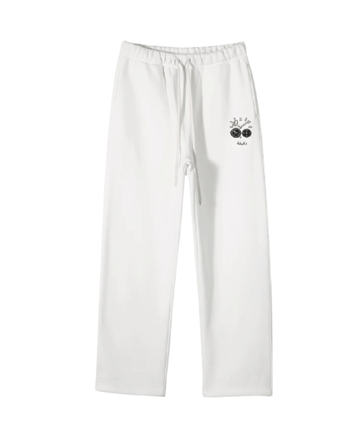 White Moon Tide Sweatpants with a small logo on the left leg against a white background