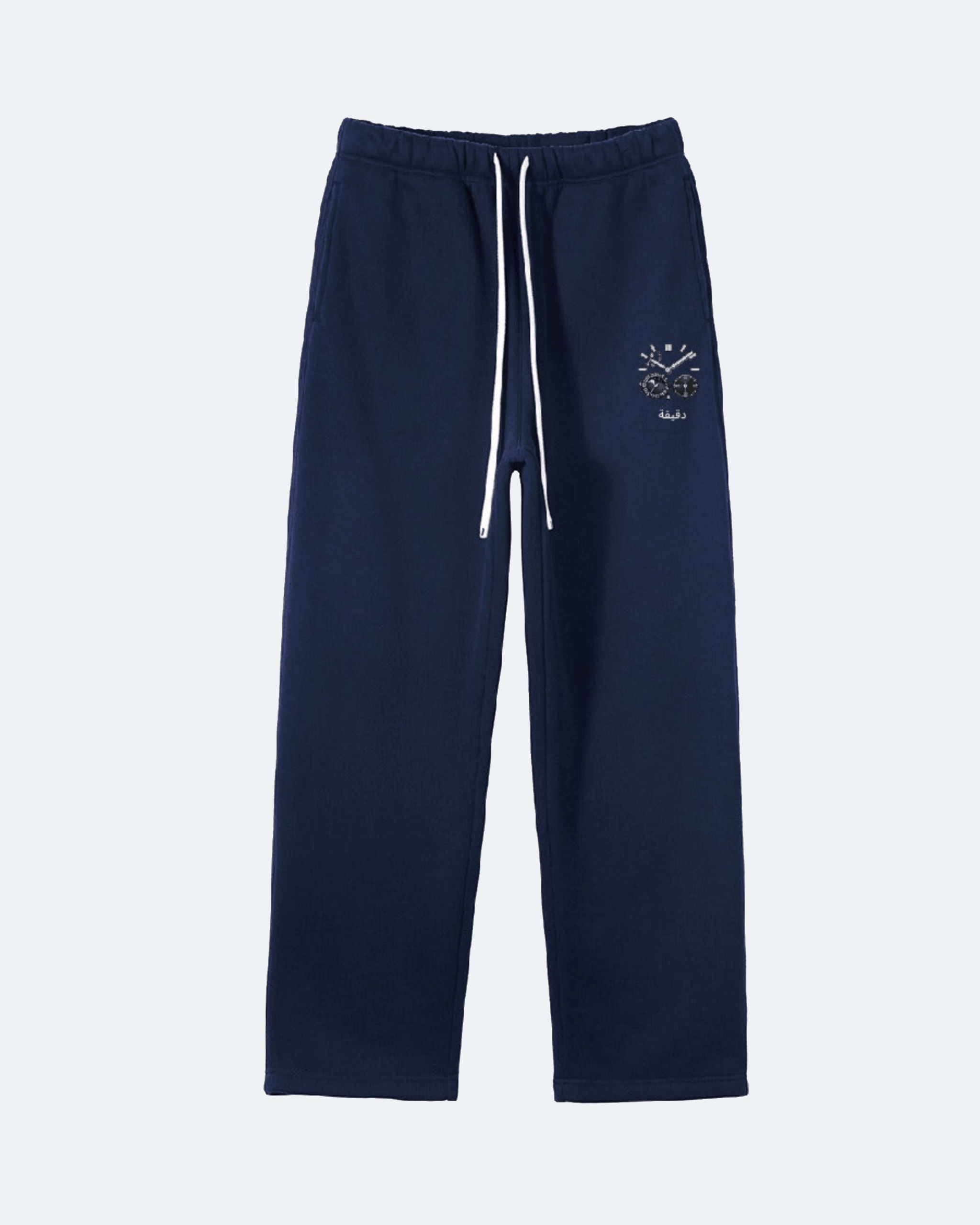 Navy blue Moon Tide Sweatpants with a logo on a white background