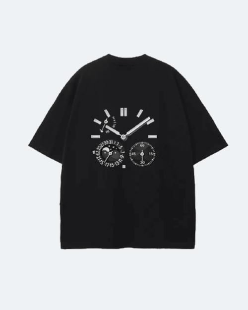 Black Moon Tide T-Shirt with a clock design on the back against a white background