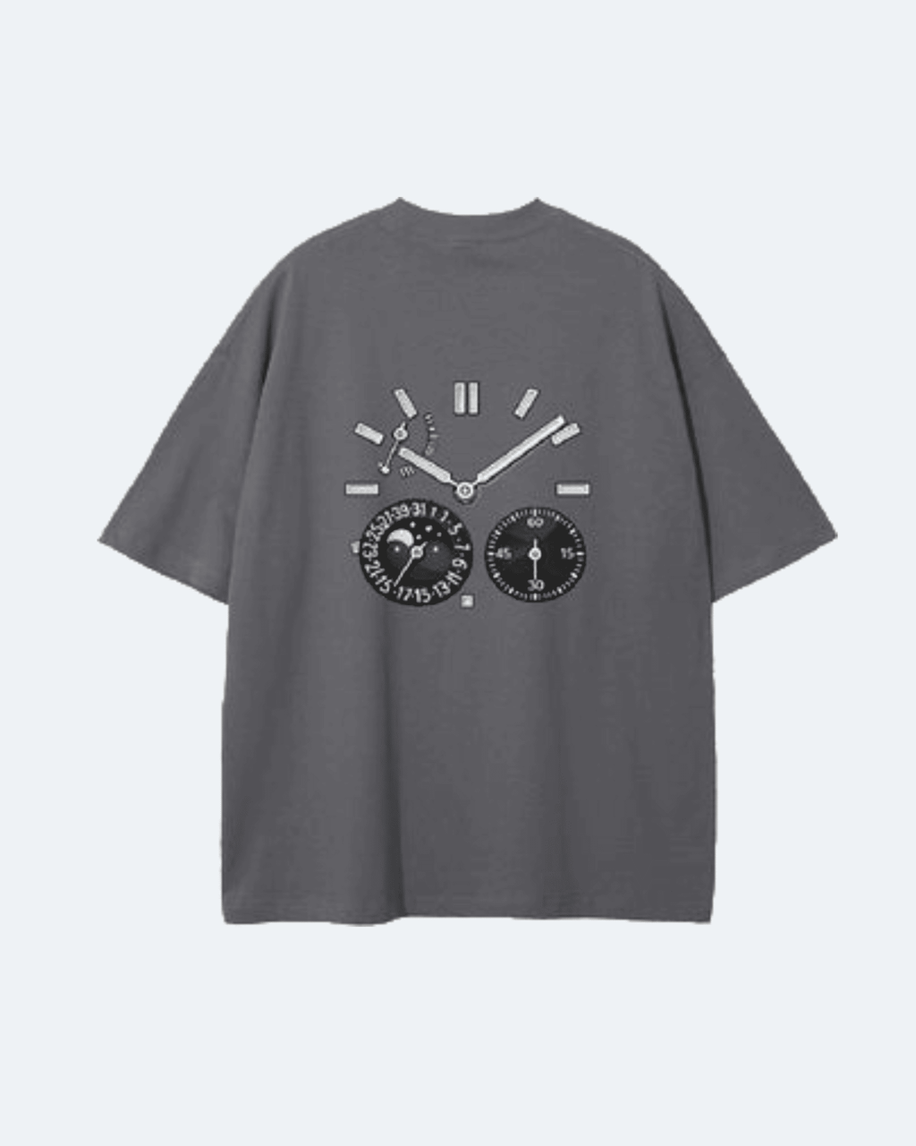 Gray Moon Tide T-Shirt with clock design on a white background