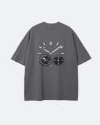 Gray Moon Tide T-Shirt with clock design on a white background