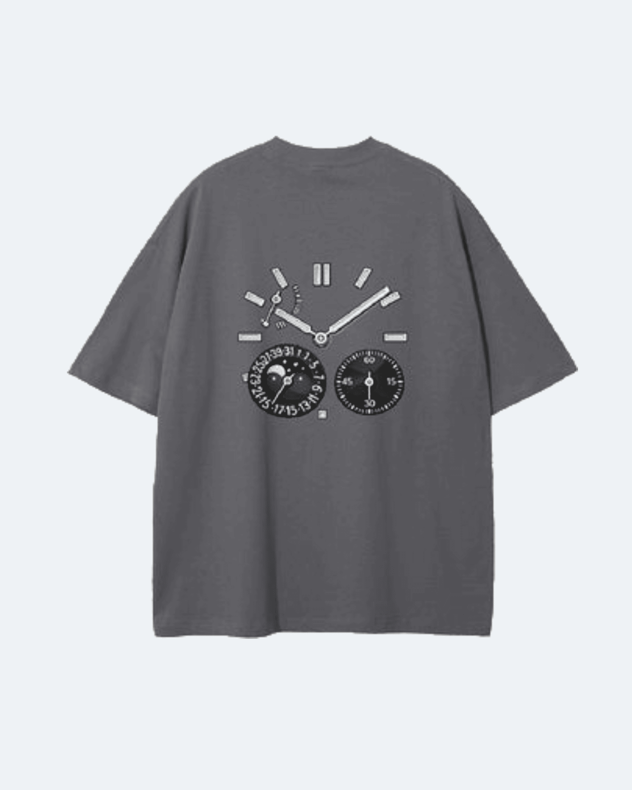 Gray Moon Tide T-Shirt with clock design on a white background