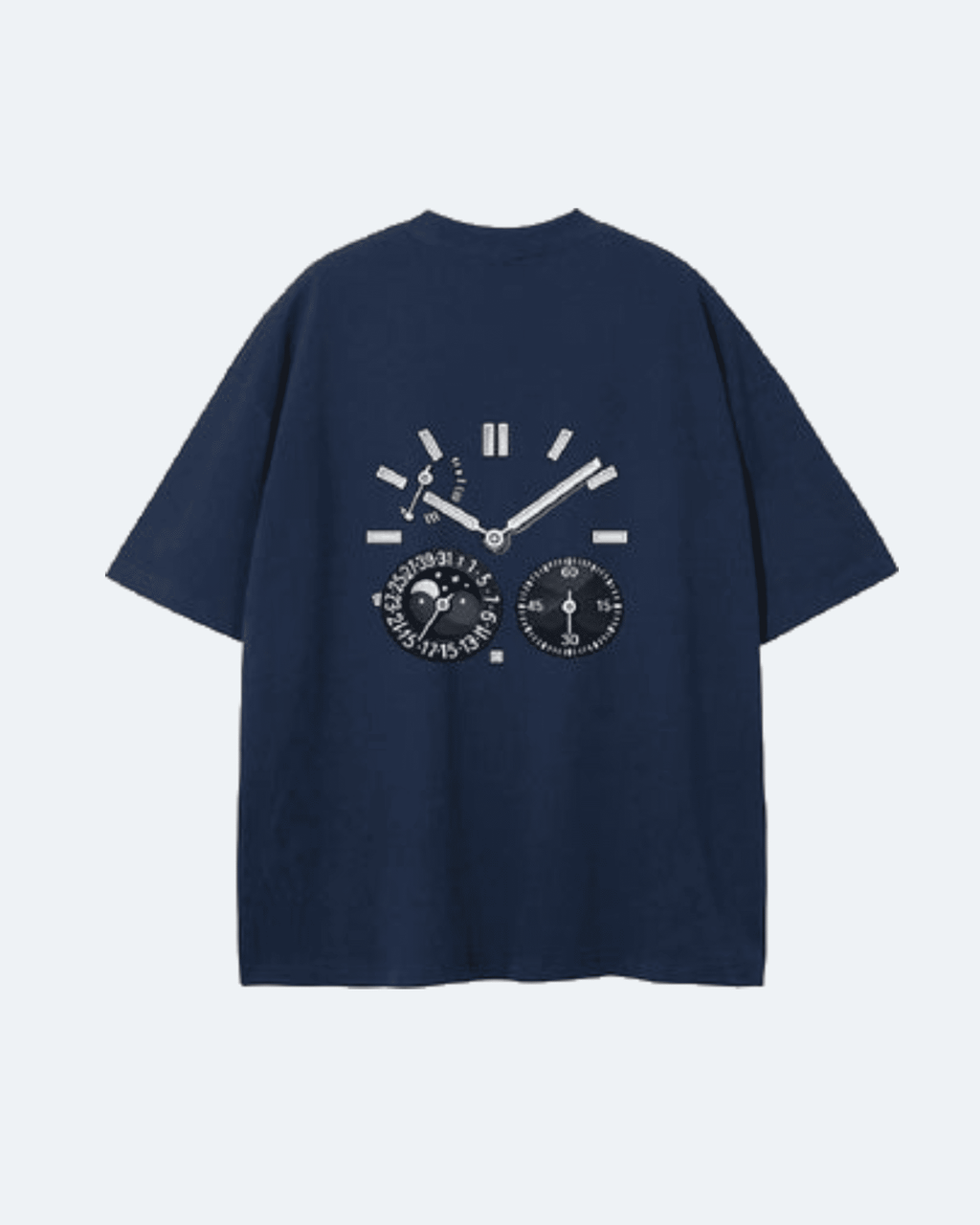 Navy blue Moon Tide T-Shirt with a clock design on the back against a light gray background