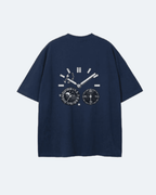 Navy blue Moon Tide T-Shirt with a clock design on the back against a light gray background