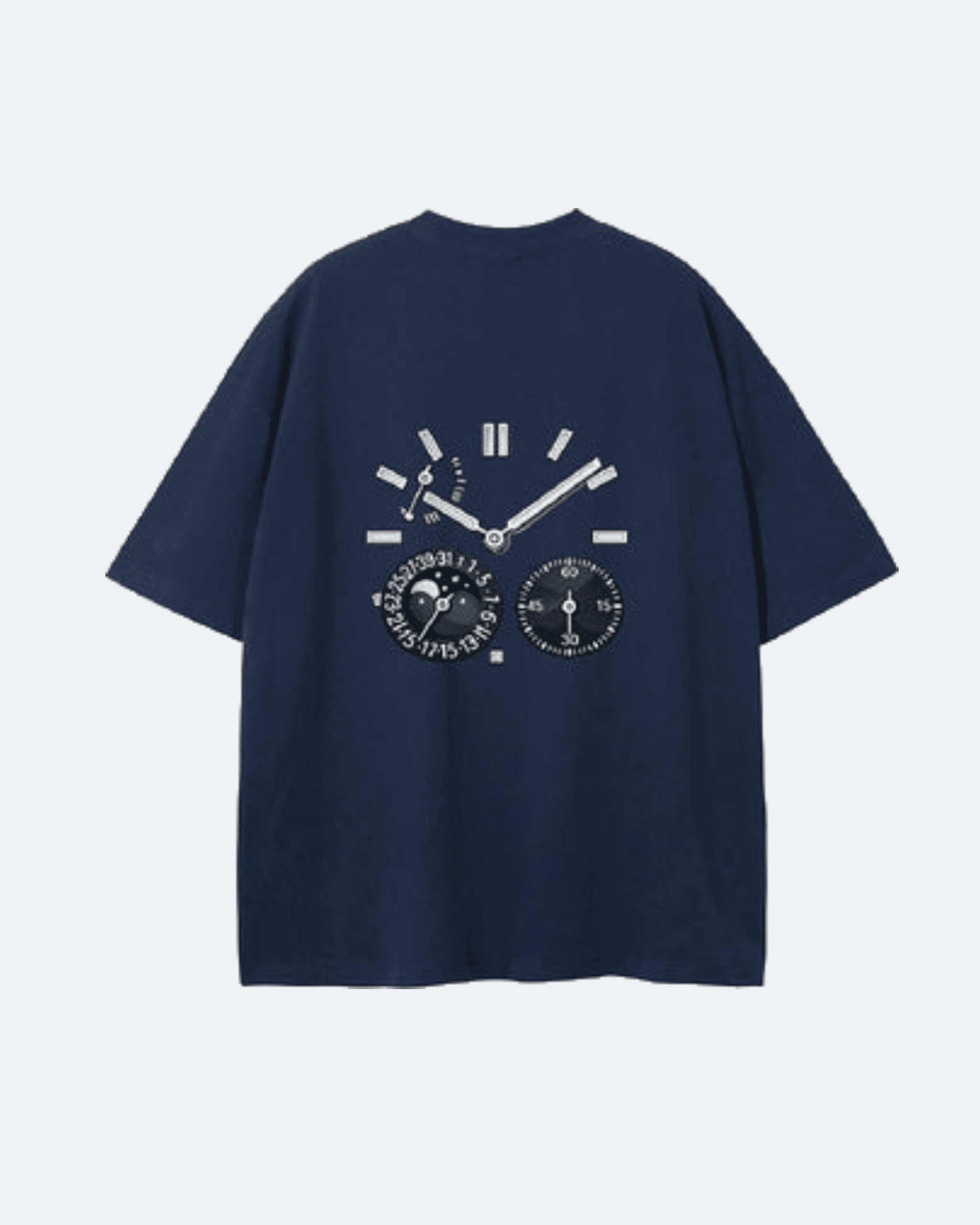 Navy blue Moon Tide T-Shirt with a clock design on the back against a light gray background