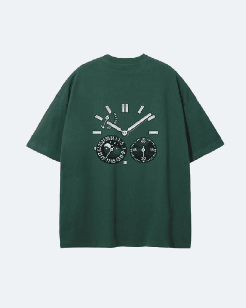 Green Moon Tide T-Shirt with a clock design on the back against a white background