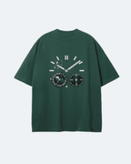 Green Moon Tide T-Shirt with a clock design on the back against a white background