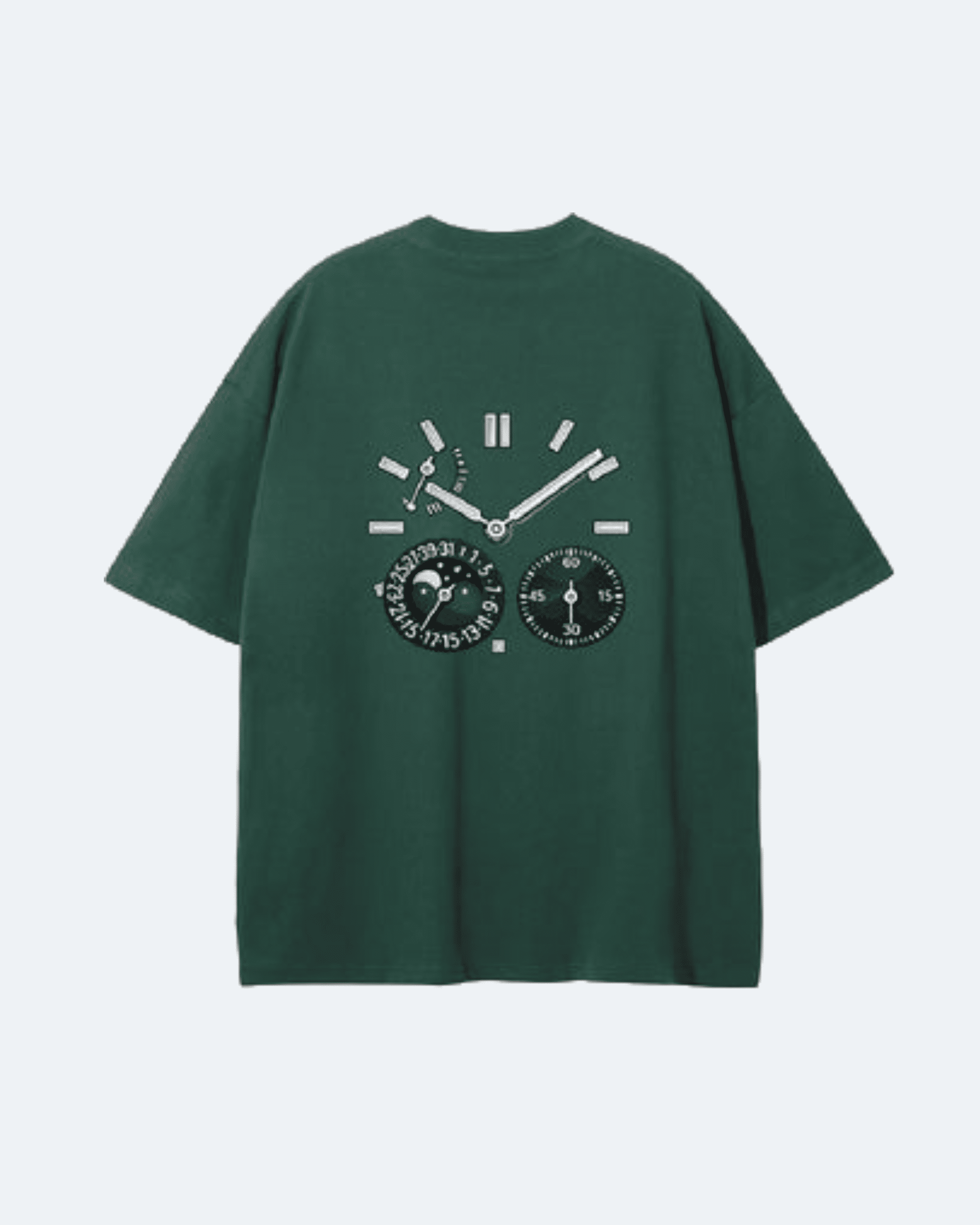 Green Moon Tide T-Shirt with a clock design on the back against a white background