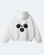 White Newman Era Hoodie with black graphic design on a white background