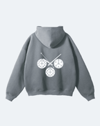 Gray Newman Era Hoodie with a unique design on the back against a light gray background