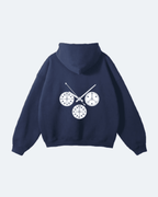 Navy blue Newman Era Hoodie with a unique design on the back against a light gray background