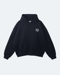 Black Newman Era Hoodie with a logo on a light gray background