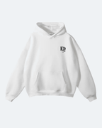 White Newman Era Hoodie with a logo on the chest against a white background