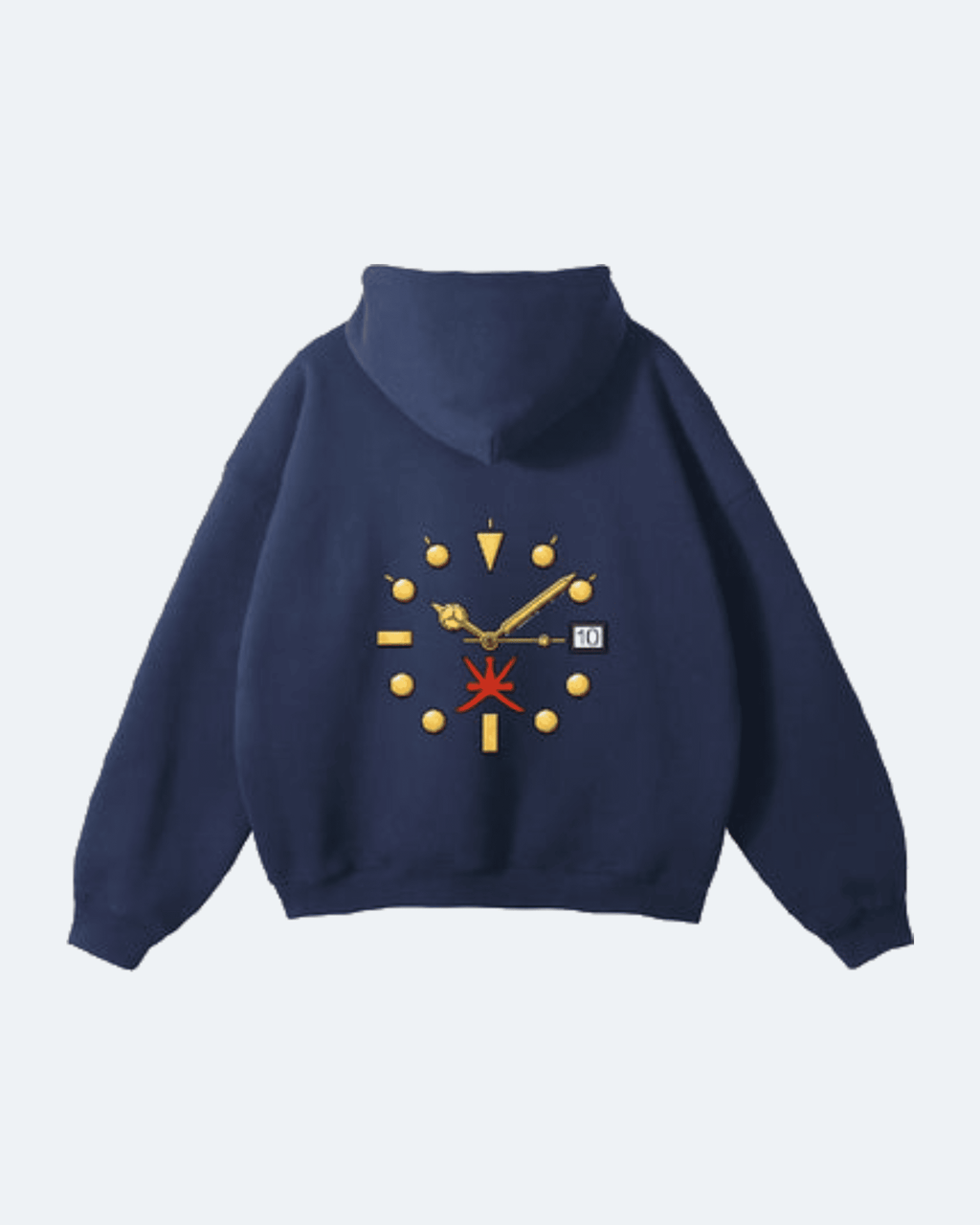 Navy blue Oman Edition Hoodie with a unique design on the back against a light gray background