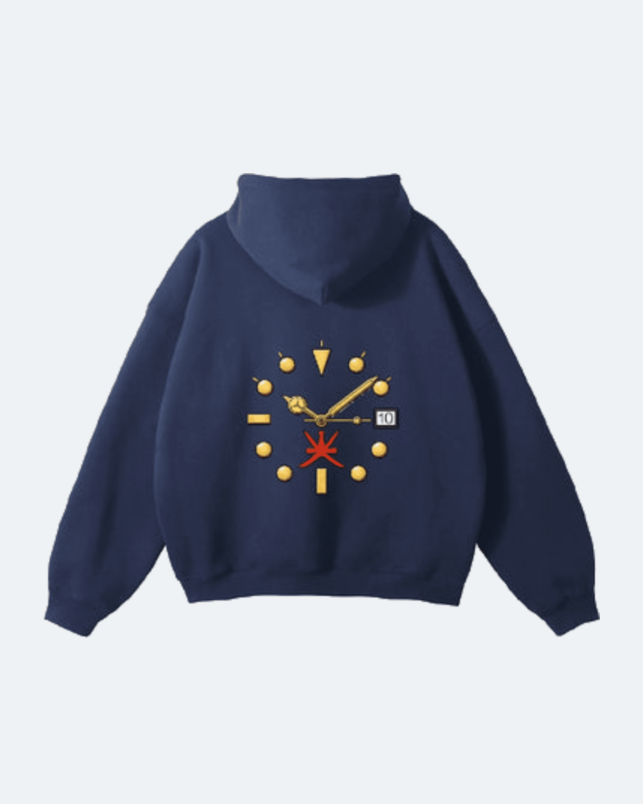 Navy blue Oman Edition Hoodie with a unique design on the back against a light gray background