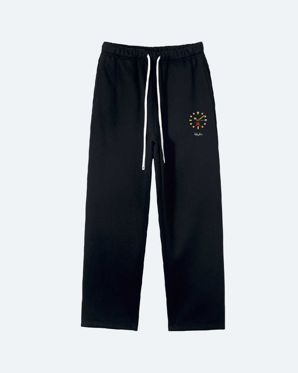 Black sweatpants with a small logo on a white background