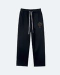 Black sweatpants with a small logo on a white background