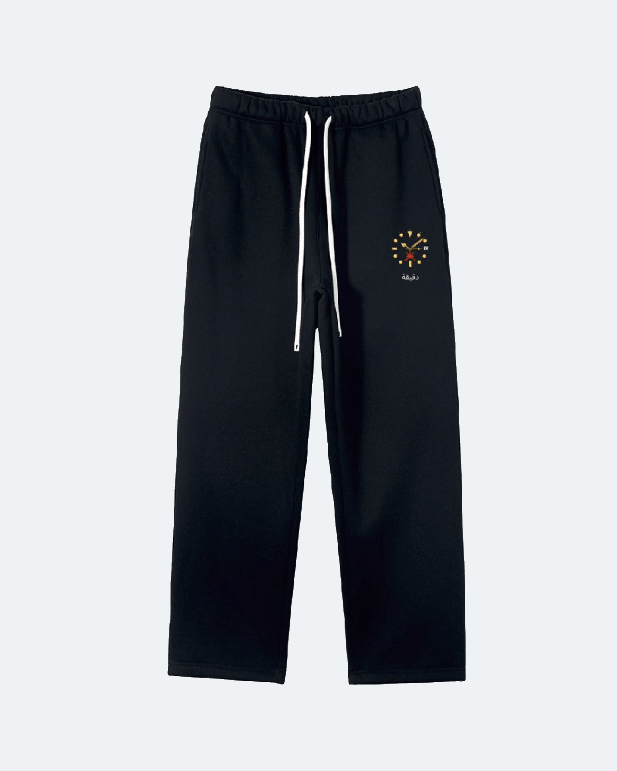 Black sweatpants with a small logo on a white background