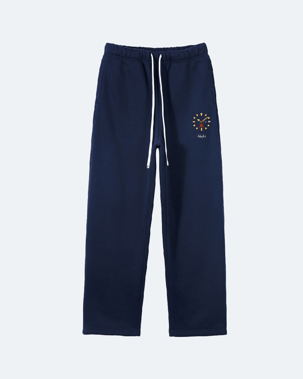 Navy blue sweatpants with a logo on a white background