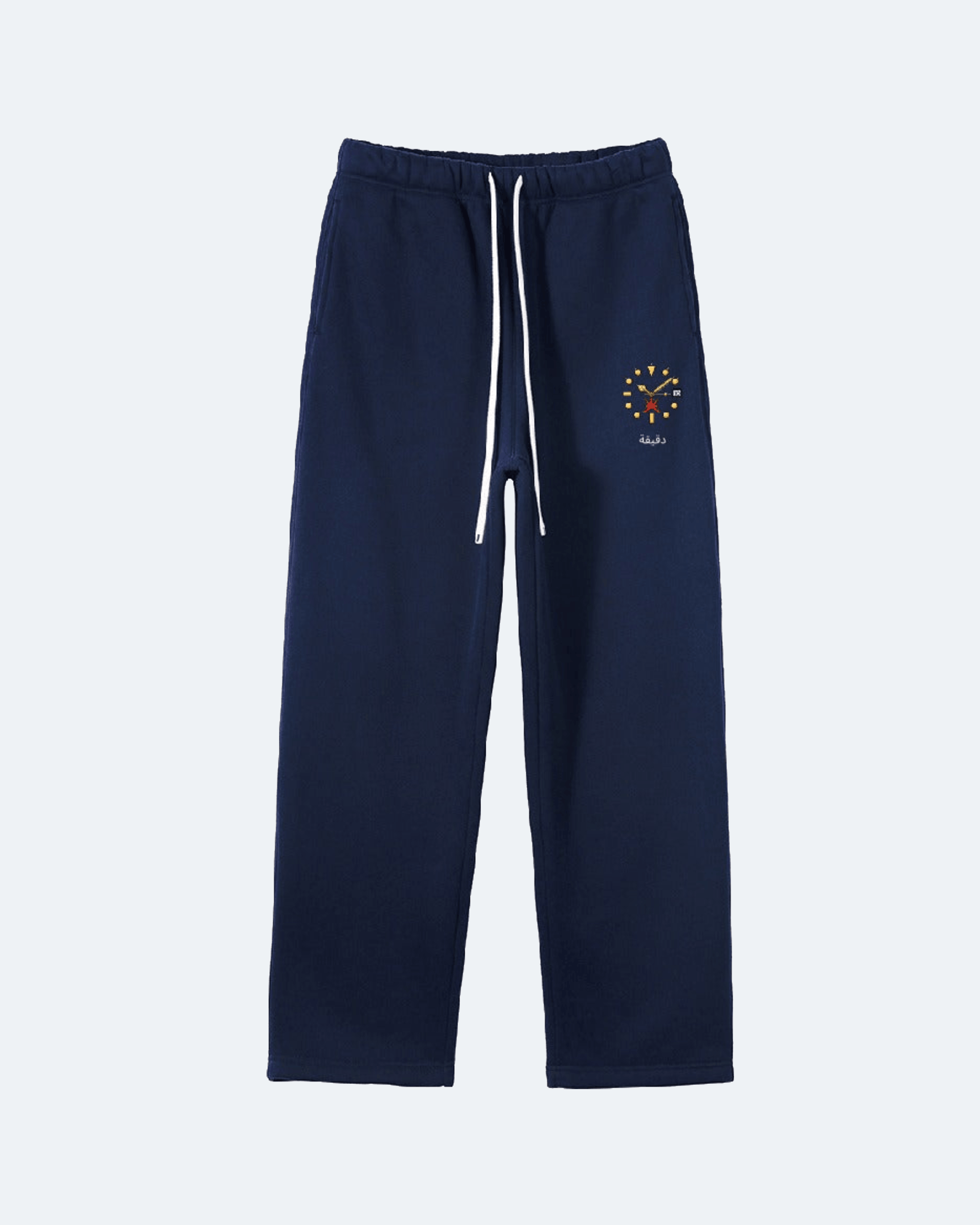Navy blue sweatpants with a logo on a white background