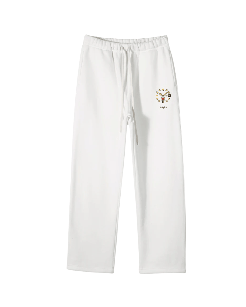 White pants with a colorful logo on the left leg against a white background