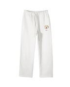 White pants with a colorful logo on the left leg against a white background