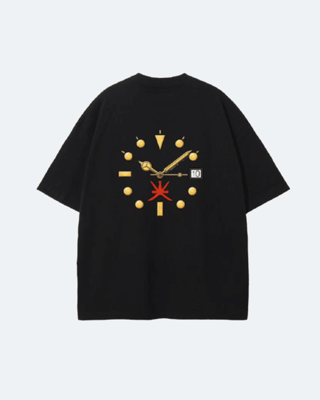 Black Oman Edition T-Shirt with a clock design on the back against a white background
