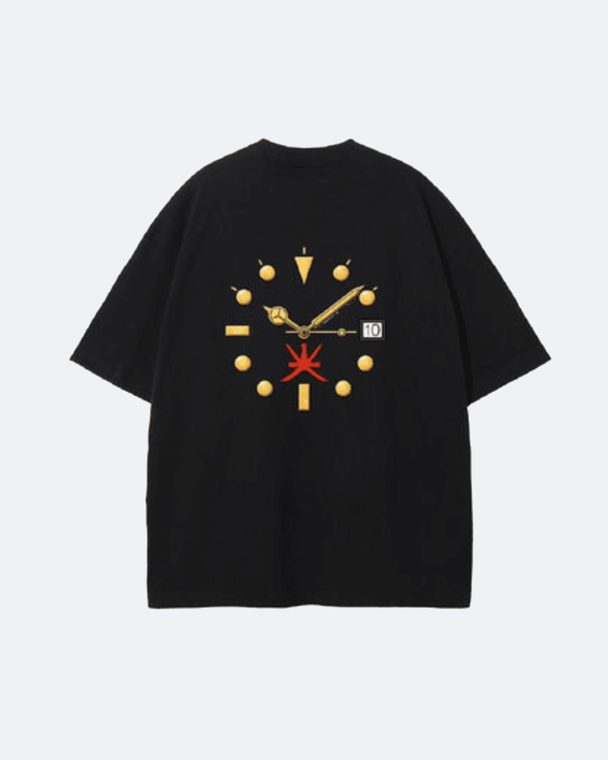 Black Oman Edition T-Shirt with a clock design on the back against a white background
