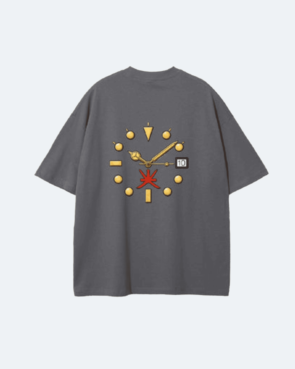 Gray Oman Edition T-Shirt with a clock design on the back against a light gray background