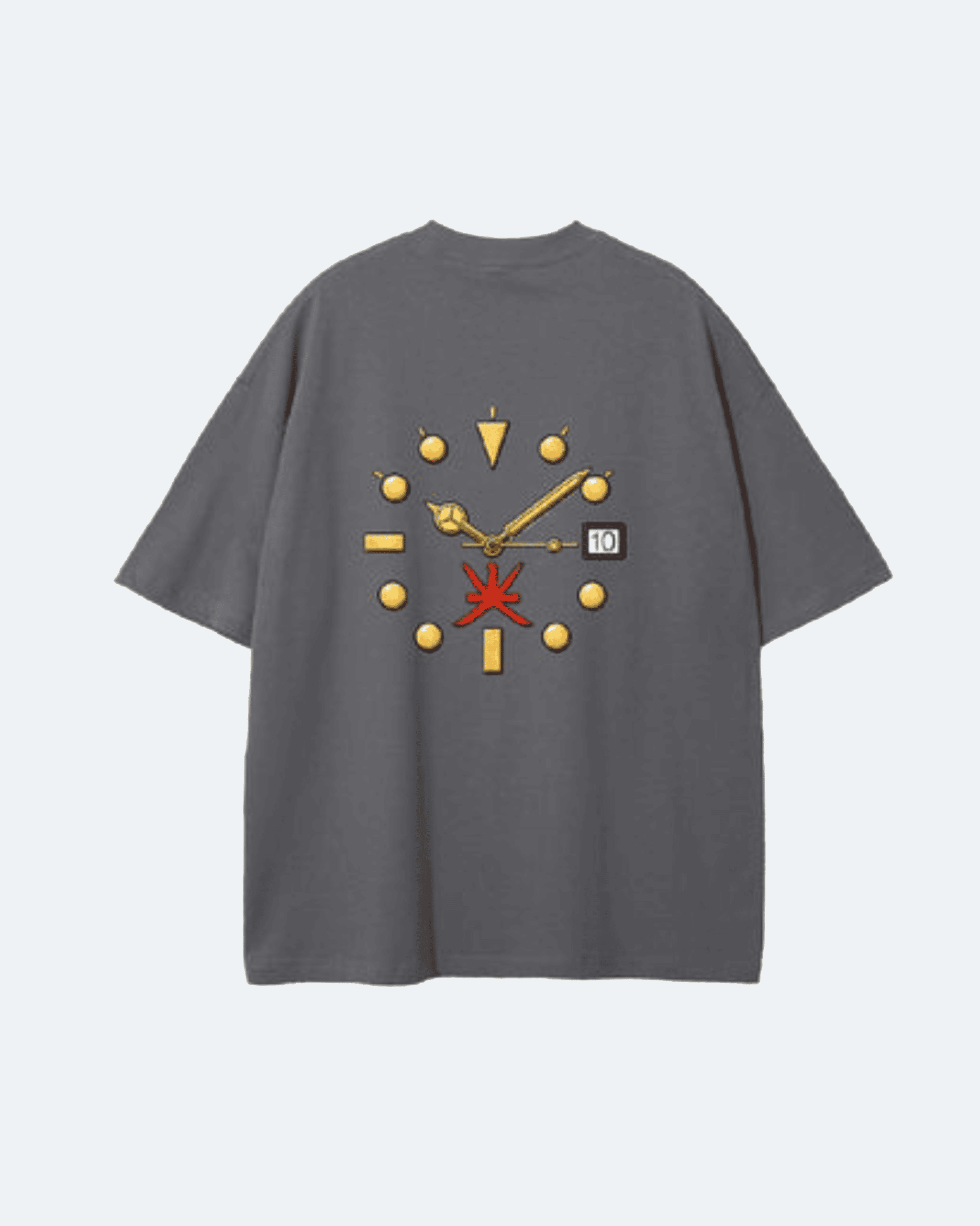 Gray Oman Edition T-Shirt with a clock design on the back against a light gray background