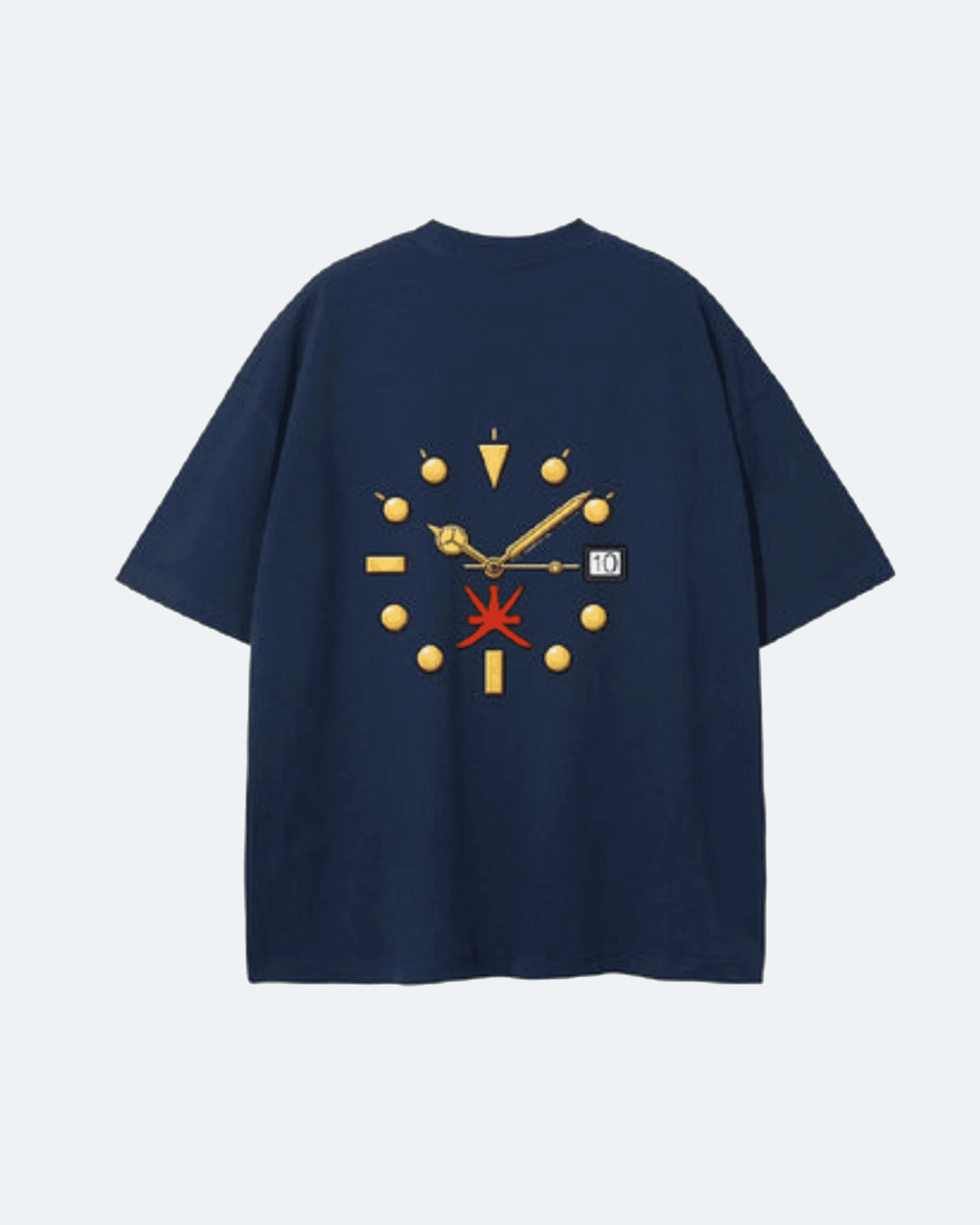 Navy blue Oman Edition T-Shirt with a unique clock design on the back against a light gray background