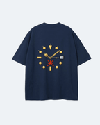 Navy blue Oman Edition T-Shirt with a unique clock design on the back against a light gray background