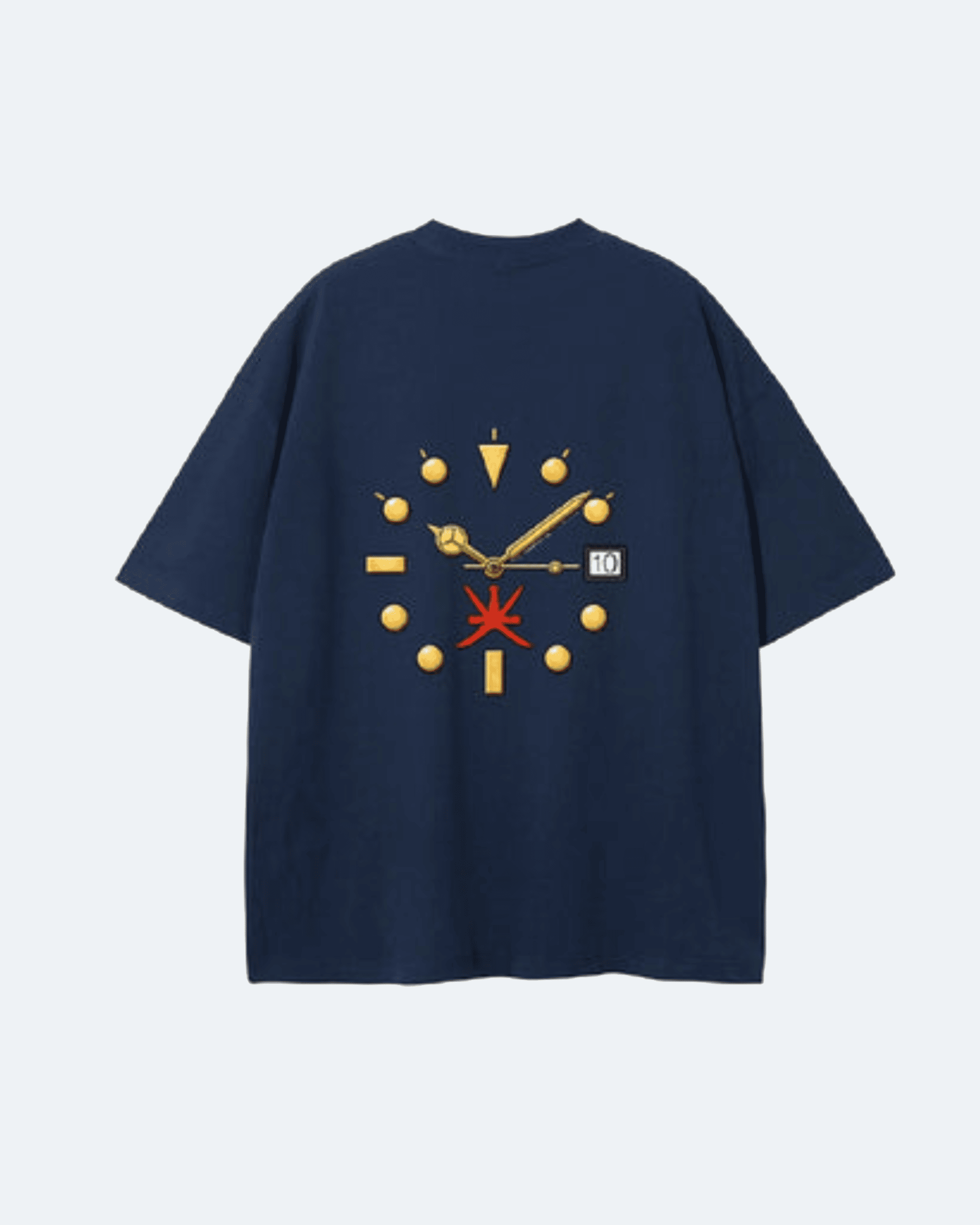 Navy blue Oman Edition T-Shirt with a unique clock design on the back against a light gray background