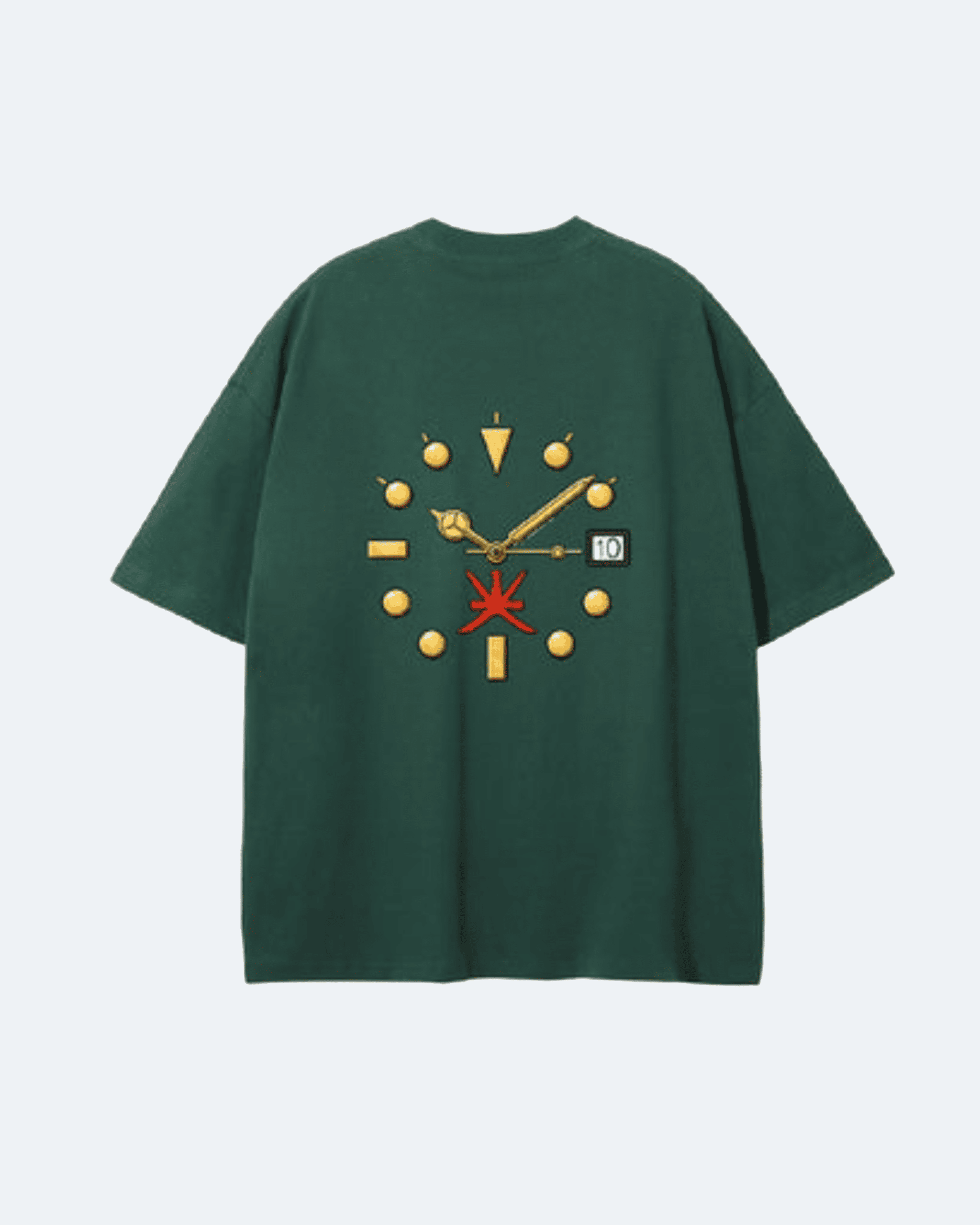 Green Oman Edition T-Shirt with a clock design on the back against a white background