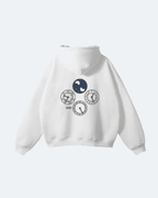 White Perpetual Flight Hoodie with graphic designs on a white background