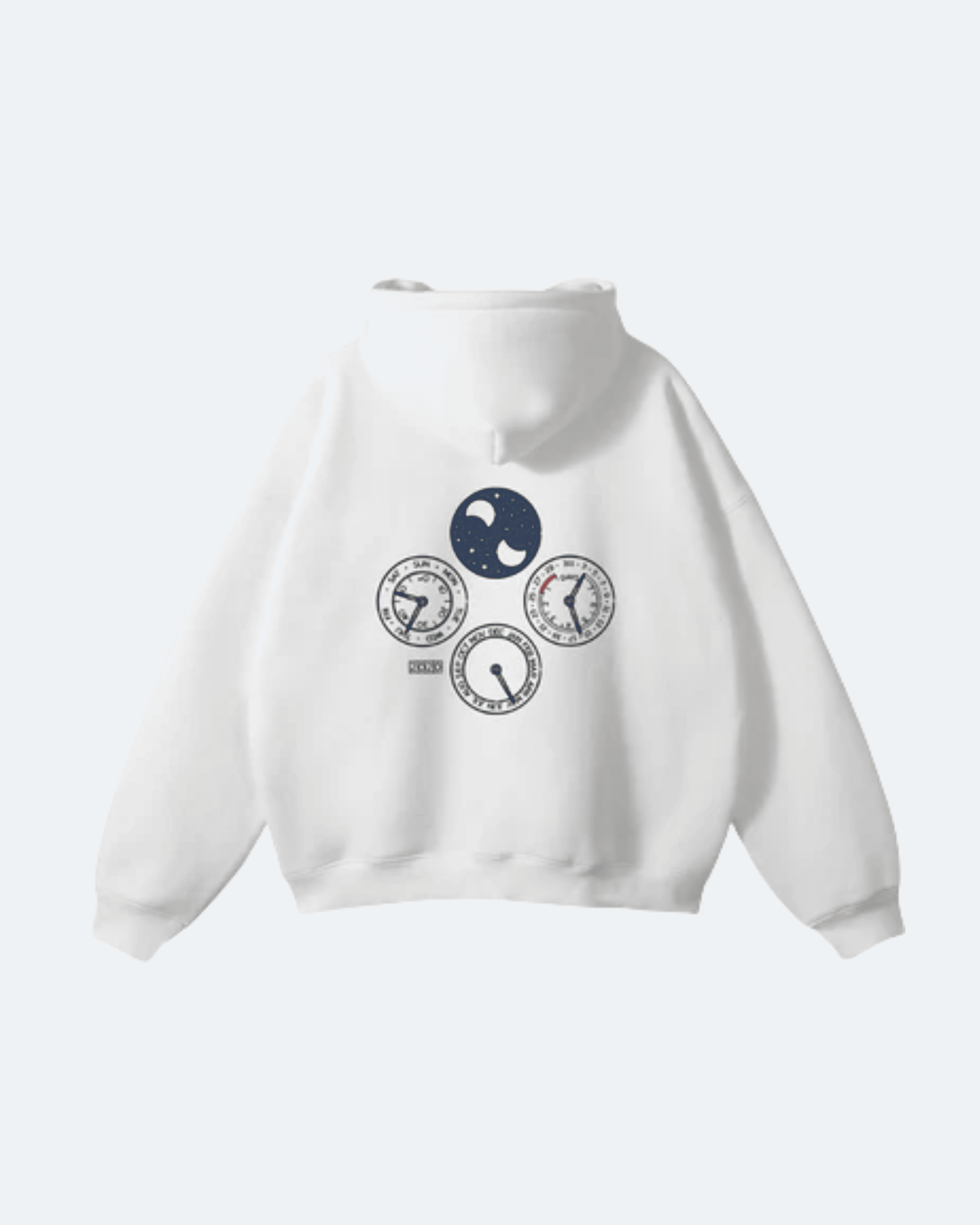 White Perpetual Flight Hoodie with graphic designs on a white background
