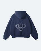Navy blue Perpetual Flight Hoodie with circular designs on the back against a light gray background