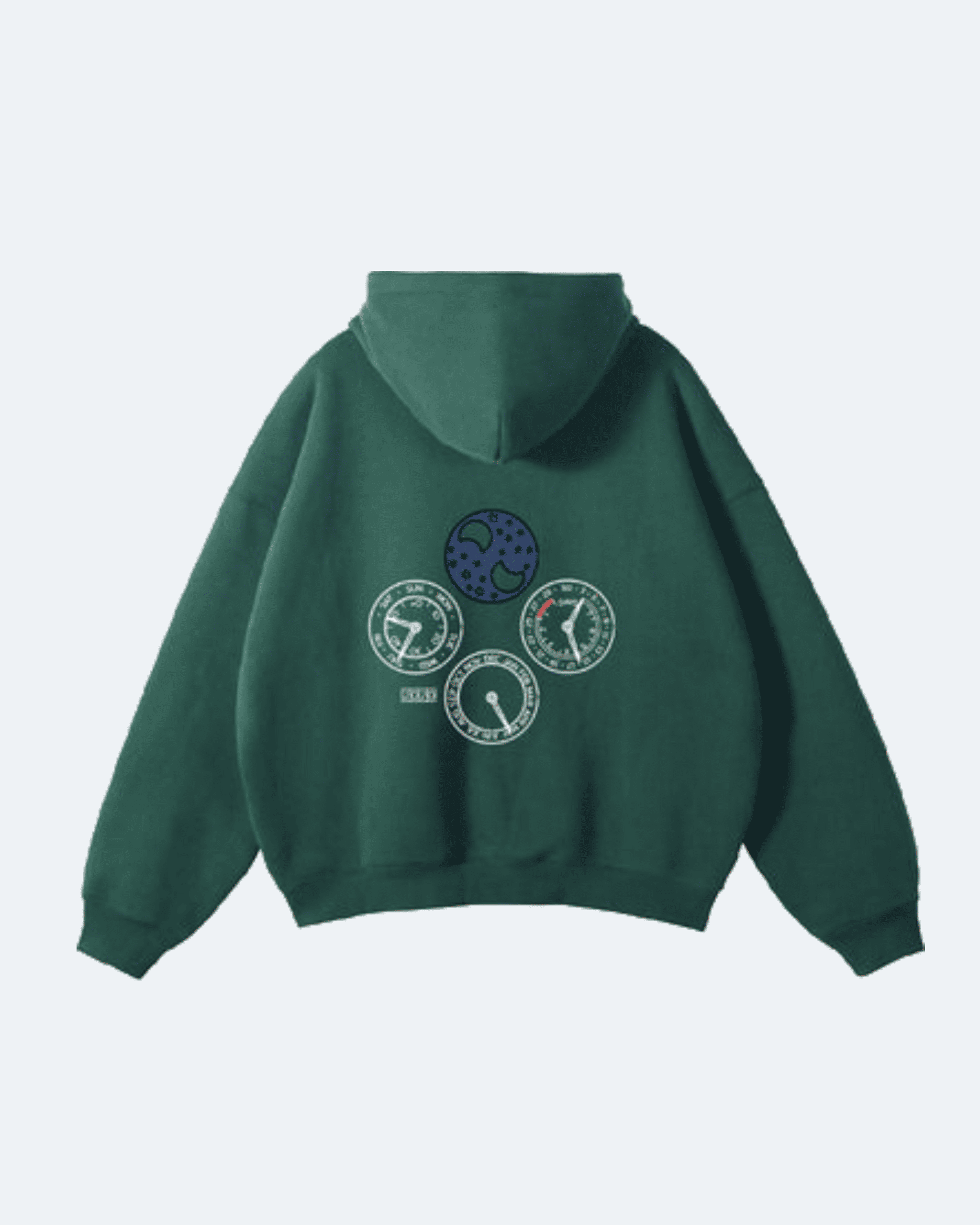 Green Perpetual Flight Hoodie with clock designs on the back against a light gray background